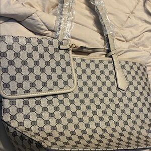 Beige and Black Tote Bag with wristlet